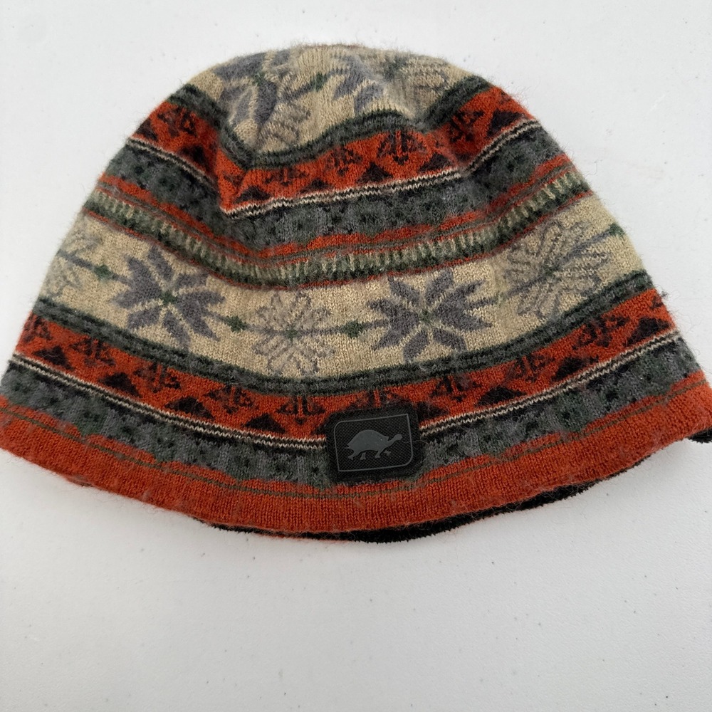 Turtle Fur Beanie Hat Womens OS Orange Gray Fair Isle Merino Wool Fleece Lined
